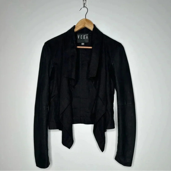 VEDA Black Linen and Goat Leather Open Drape Front Jacket Size Small - Picture 1 of 12